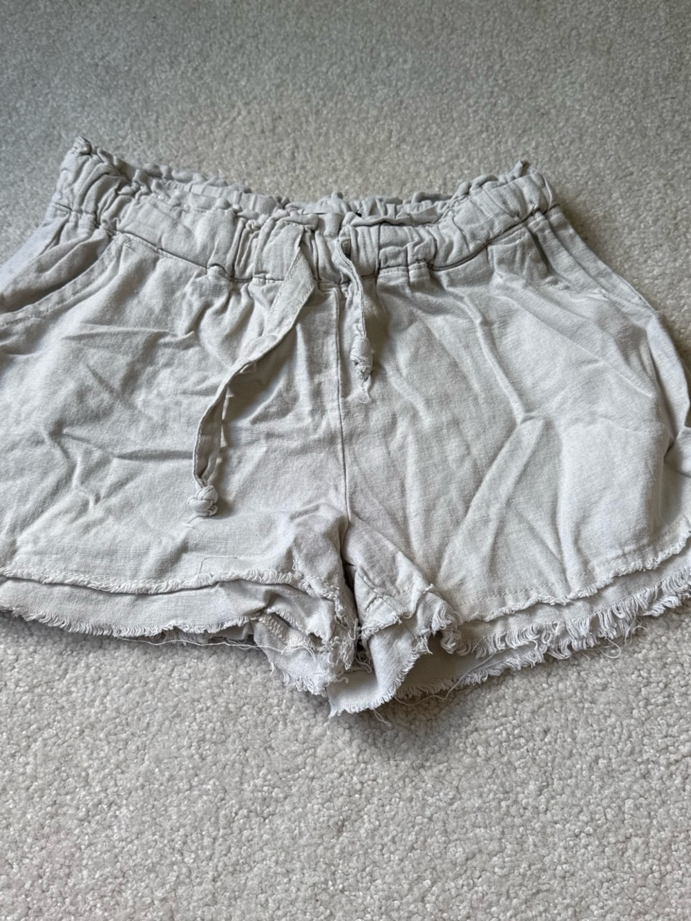 Rewash Light Beige High-Waist Drawstring Frayed Hem Shorts